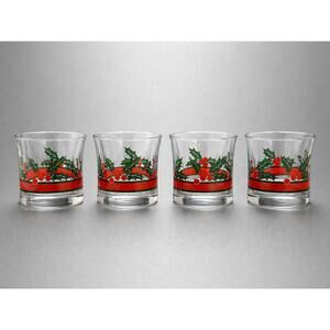 Set of 4 Vintage Christmas Holly Berries Rocks Glasses Holiday Cocktail Barware